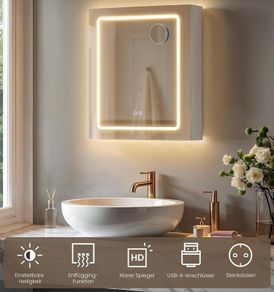 LED Bathroom Mirror Cabinet with Storage White, 50x60 cm, Defogging, Magnifying Mirror, USB & Power Outlets