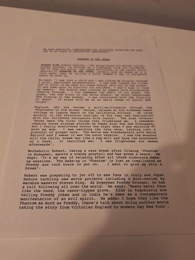1989 Phantom Of The Opera Press Kit Starring Robert Englund
