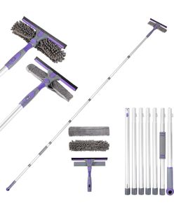 Window Squeegee Cleaning Equipment Kit, Long Handle Extendable Telescopic Glass Cleaner Brush with 7 Extension Pole - 105 inch, Bendable Head Scraper  Scrubber Tool