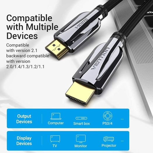 VENTION 3M Premium HDMI 2.1 UHD/3D 8K (7680x4320@60Hz) 48Gbps Luxury Model (Zinc Alloy/Cotton Braided/Gold Plated) Cable (Brand New/Warranty)