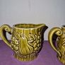 Vintage Japanese green embossed ceramic pair of mugs and milk jug Image 3