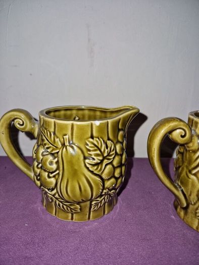 Vintage Japanese green embossed ceramic pair of mugs and milk jug