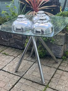 glass table chrome  legs and  3 ceiling light chrome shades