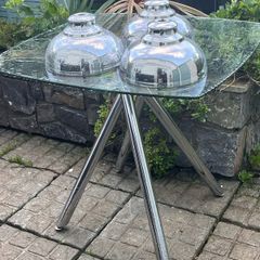 glass table chrome  legs and  3 ceiling light chrome shades
