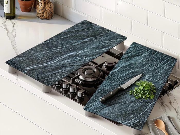 Universal Gas Electric Induction Hob Covers | Set of 2 Glass Hob Cover for Gas Electric Stove Cookers | Large Chopping Board Worktop Savers for Kitchen - Kinway (Black Marble Design)