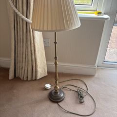 Tall Vintage Aged Brass Column Table Lamp with Pleated Shade