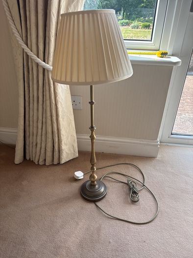 Tall Vintage Aged Brass Column Table Lamp with Pleated Shade