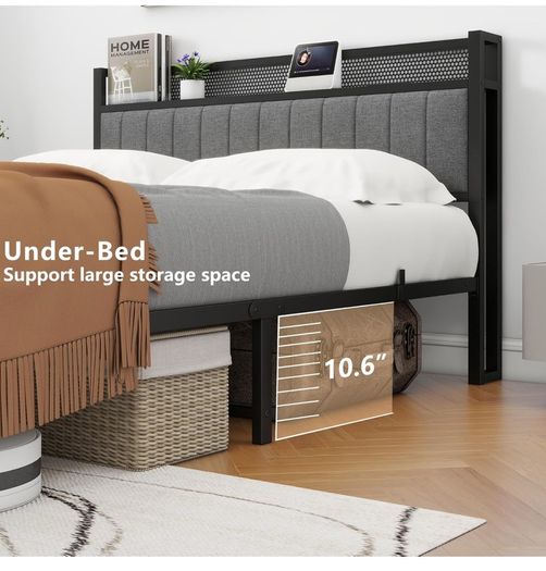 King Size Bed Frame with Storage and Headboard Shelf