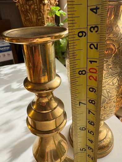 x2 Vintage Solid Brass Vases and candle holder