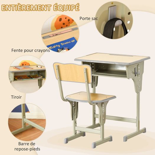 Vintage school-desk style children's desk & chair set - adjustable - storage compartment, bag bracket, pen holder - khaki steel, MDF light wood effect