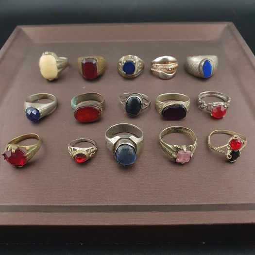 Antique Lot of 15 Handmade Brass Rings Mixed Gemstone & Glass Designs