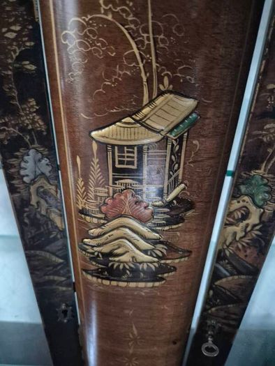 Vintage  Turnige Chinoiserie locking ebonised handpainted cabinet 3 tiers
