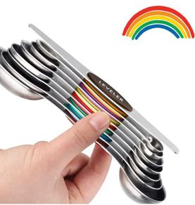 Magnetic Measuring Spoons Set of 8 Stainless Steel Stackable Double Sided Teaspoon Tablespoon for Dry Liquid Ingredients Fits in Spice Jars Colorful Nesting Set Leveler Kit for Cooking Baking