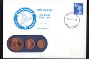 1971 Isle of Man First Day of use of low value coins Philatelic Numismatic Cover (PNC) with 3d definitive stamp and a 1/2p, 1p &amp; 2p coin