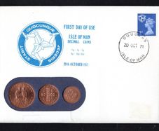 1971 Isle of Man First Day of use of low value coins Philatelic Numismatic Cover (PNC) with 3d definitive stamp and a 1/2p, 1p & 2p coin