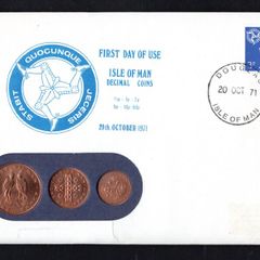 1971 Isle of Man First Day of use of low value coins Philatelic Numismatic Cover (PNC) with 3d definitive stamp and a 1/2p, 1p & 2p coin