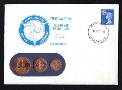 1971 Isle of Man First Day of use of low value coins Philatelic Numismatic Cover (PNC) with 3d definitive stamp and a 1/2p, 1p & 2p coin