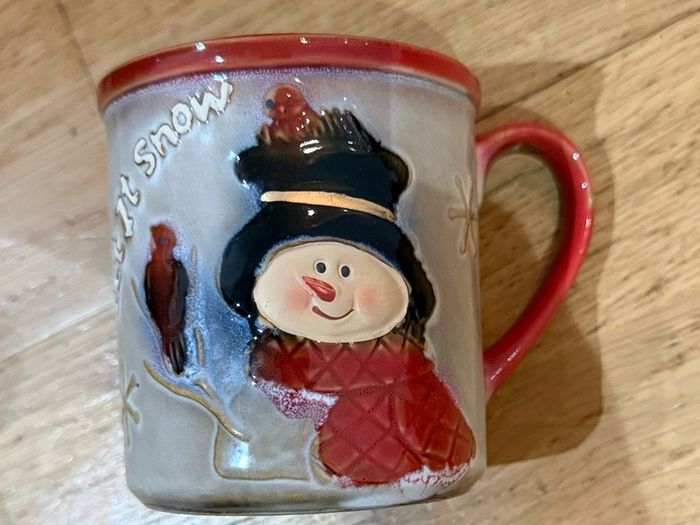 Christmas candy storage jar and mug with snowman.