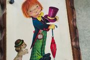 CONSTANCE - EDITIONS ceramic photo  fitted on wooden plaque vintage 1960s or 1970s -Big Eyes- style  wall featuring a whimsical hobo child illustration signed by the artist. produced in Italy during the retro decor .