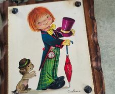 CONSTANCE - EDITIONS ceramic photo  fitted on wooden plaque vintage 1960s or 1970s -Big Eyes- style  wall featuring a whimsical hobo child illustration signed by the artist. produced in Italy during the retro decor .