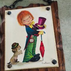 CONSTANCE - EDITIONS ceramic photo  fitted on wooden plaque vintage 1960s or 1970s -Big Eyes- style  wall featuring a whimsical hobo child illustration signed by the artist. produced in Italy during the retro decor .