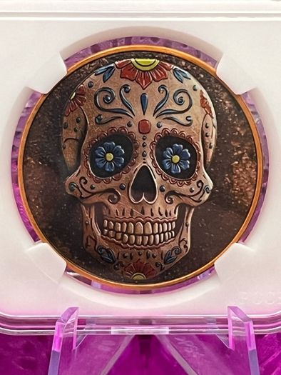 1avdp oz Fine 999 Copper Bullion Sugar Skull Round.