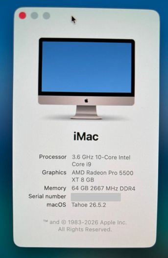 Imac 27 5K 2020, Intel Core I9 64GB, Matte Screen