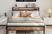 King Size Bed Frame with Storage Wooden Headboard,Bed 150x200 cm,Metal Bed Frame Kingsize Bed Base Mattress Foundation,Metal Slats Support,Platform Bed Frame Double Bed,Black+Rustic Brown