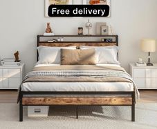 King Size Bed Frame with Storage Wooden Headboard,Bed 150x200 cm,Metal Bed Frame Kingsize Bed Base Mattress Foundation,Metal Slats Support,Platform Bed Frame Double Bed,Black+Rustic Brown