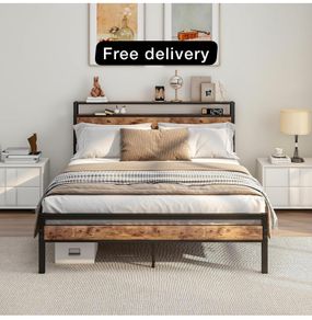 King Size Bed Frame with Storage Wooden Headboard,Bed 150x200 cm,Metal Bed Frame Kingsize Bed Base Mattress Foundation,Metal Slats Support,Platform Bed Frame Double Bed,Black+Rustic Brown