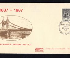 1982 Great Britain Hammersmith Bridge Centenary (1887-1987) Festival Cover tying 16p Norwich Mail in Thunderstorm, 1827 commemorative stamp