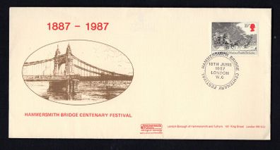 1982 Great Britain Hammersmith Bridge Centenary (1887-1987) Festival Cover tying 16p Norwich Mail in Thunderstorm, 1827 commemorative stamp