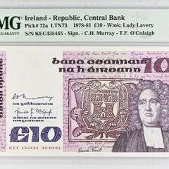 Ireland | 1981 | 10 Pounds | P.72a | Kec 435445 | Pmg Graded | Aunc