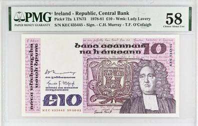 Ireland | 1981 | 10 Pounds | P.72a | Kec 435445 | Pmg Graded | Aunc