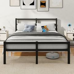 Metal King Bed Frame with Headboard Mattress Foundation with Storage-Enhanced