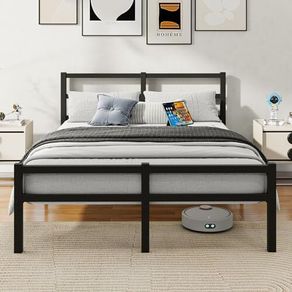 Metal King Bed Frame with Headboard Mattress Foundation with Storage-Enhanced