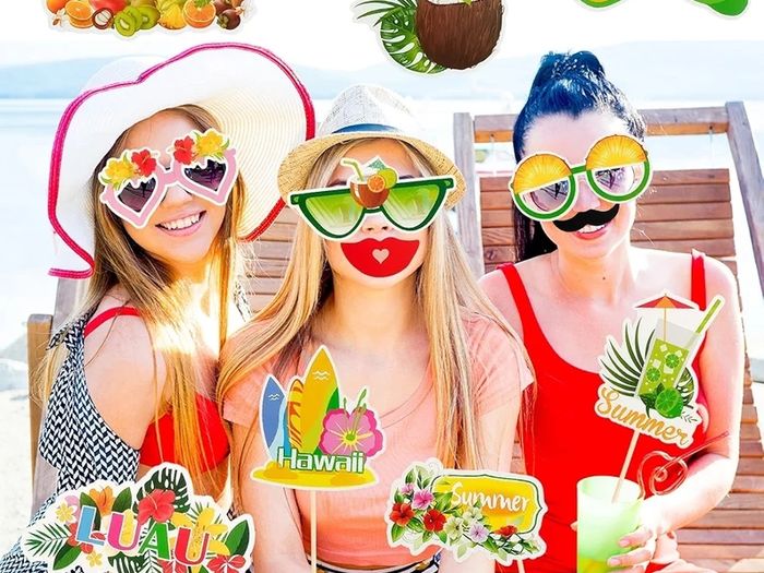 29 Pcs Tropical Hawaiian Photo Booth Props Funny Sunglasses Grass Skirt and Coconut Hat Designs Tropical Themed Party Props for Luau Beach Parties Birthdays and Summer Vacation Photo Backdrop Decor