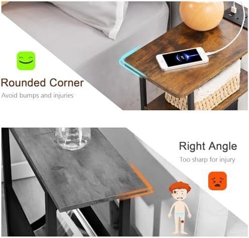 Slim Bedside Table Set of 2 with Charging Station, Narrow Side Table with 2 Fabric Drawers, End Table with Open Storage Shelf, Nightstand for Small Spaces, Living Room, Brown
