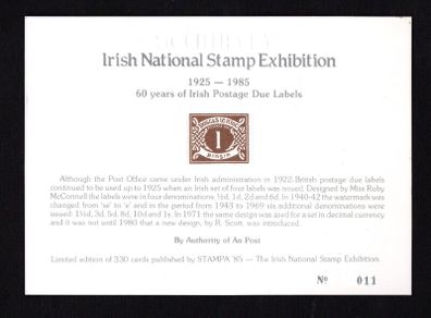 1985 Ireland Stampa Members Souvenir (black) souvenir Postage Due Card number 11. Note description.