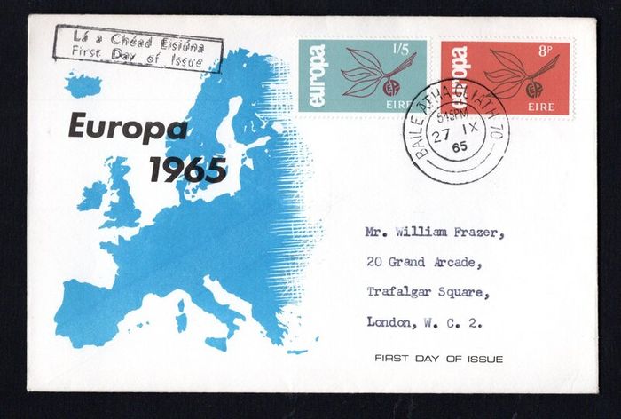 1965 Ireland Europa (CEPT) Commemorative Stamps Illustrated First Day Cover (FDC) With Baile Atha Cliath (Dublin cancel)