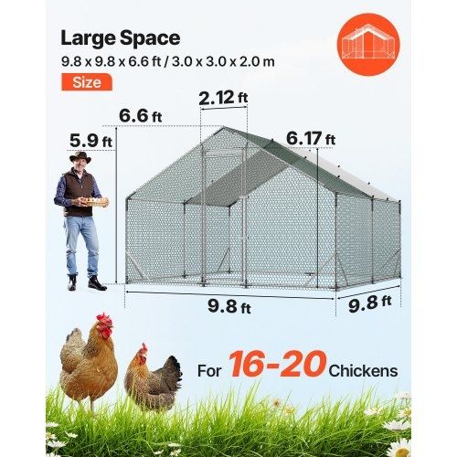 Large Metal Chicken Coop, 3 x 3 x 2 m, Walk-in Chicken Run House with Waterproof Cover and Sturdy Frame, Spire Roof Poultry Cage Duck Pen for Rabbit