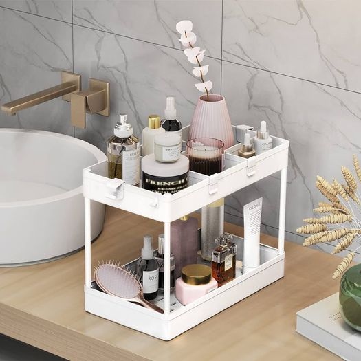 FREE EXPRESS SHIPPING Storage Trolley 3-Tier Rolling Utility Cart Slide Out Shelving Organization Shelf for Laundry Bathroom Kitchen with Small Containers & Hooks White
