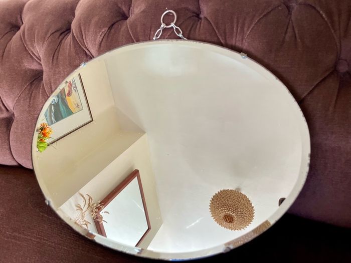 Pretty Early 20th Century Frameless Oval Bevelled Mirror with Original Chain