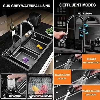 New Stainless Steel Waterfall Sink - Drop In Single Bowl Workstation Sink With Cup Washer (Black, 75x46cm)