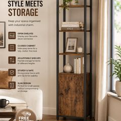 Slim Industrial Bookcase with Cabinet