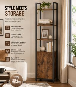 Slim Industrial Bookcase with Cabinet