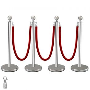 4 Pack Retractable Silver Round Top Stanchion Post Queue Crowd Control Barrier Posts Line Pole with 1.5M Red 2 Velvet Rope
