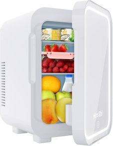 _2 in 1 Mini Fridge, 8 Litre Fridge with Cooling and Heating Function, with LED Makeup Mirror, Suitable for Bedroom, Dormitories, Cars, Good Choice for Makeup and Storage of Cosmetics