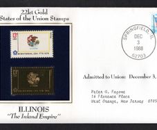 1988 USA Illinois "The Inland Empire" 22kt Gold Replica of the 1976 United States Flag Stamps showing 25c US flag definitive tied Springfield, Illinois (state capital) illustrated cover