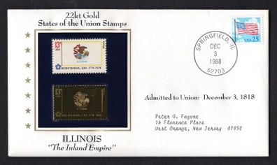 1988 USA Illinois "The Inland Empire" 22kt Gold Replica of the 1976 United States Flag Stamps showing 25c US flag definitive tied Springfield, Illinois (state capital) illustrated cover